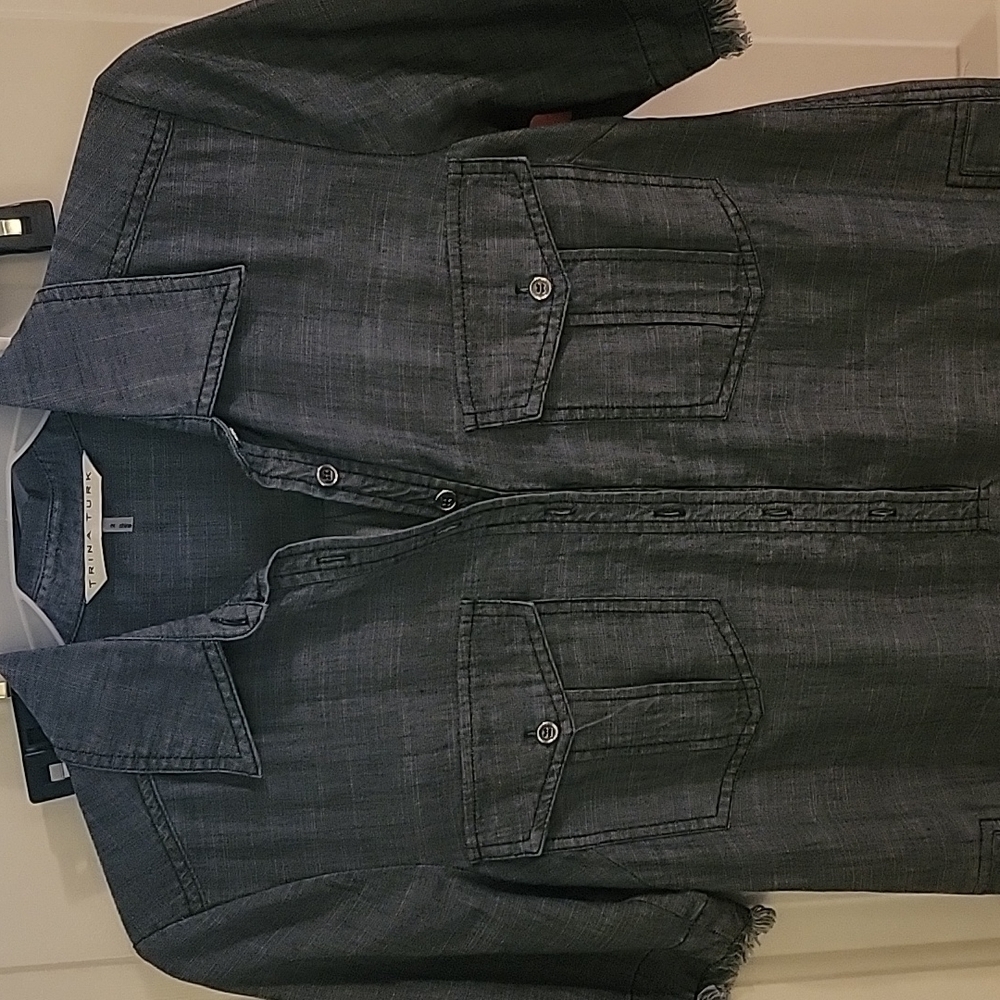 Trina Turk Rosetta Denim/Chambray/Linen Shift/Dress W/Fringe Frayed Detail